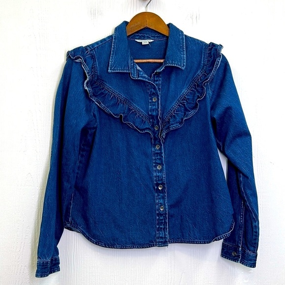 American Eagle - Oversized Dark Denim Button Down Ruffle Western Shirt Size M - Picture 9 of 13